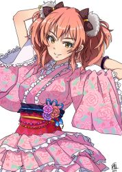 Rule 34 | 10s, 1girl, 2016, arms behind back, blush, bow, bracelet, floral print, flower, grin, hair bow, idolmaster, idolmaster cinderella girls, japanese clothes, jewelry, jougasaki mika, kimono, kimono skirt, lace, lace-trimmed sleeves, lace trim, long hair, long sleeves, looking at viewer, mistrail, obi, pink hair, sash, simple background, smile, solo, twintails, white background, wide sleeves, yellow eyes