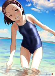 Rule 34 | 1girl, bare arms, bare shoulders, blush, brown eyes, brown hair, collarbone, competition school swimsuit, covered navel, day, gluteal fold, hair ornament, hairclip, highres, looking at viewer, mu-pyon, ocean, one-piece swimsuit, one eye closed, open mouth, original, outdoors, school swimsuit, short hair, smile, solo, swimsuit, wading, water, water drop, wet