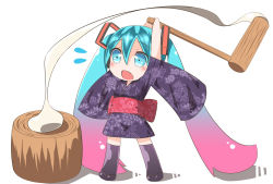 Rule 34 | 1girl, bad id, bad pixiv id, chibi, colorized, food, gradient hair, hatsune miku, highres, japanese clothes, kine, long hair, mallet, mochi, mochitsuki, multicolored hair, pokachu, solo, twintails, very long hair, vocaloid, wagashi