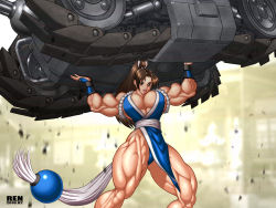 Rule 34 | 1girl, biceps, breasts, crossover, extreme muscles, fatal fury, female focus, flexing, highres, large breasts, metal slug, military, military vehicle, motor vehicle, muscular, outdoors, ren (tainca2000), shiranui mai, snk, solo, tank, the king of fighters, vehicle, wallpaper