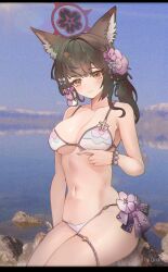 Rule 34 | 1girl, animal ear fluff, animal ears, bead bracelet, beads, bikini, black hair, blue archive, blush, bracelet, breasts, cleavage, commentary, flower, fox ears, fox girl, fox mask, fox tail, hair flower, hair ornament, halo, highres, jewelry, large breasts, looking at viewer, mask, oil-paper umbrella, quanquan, seaside, string bikini, swimsuit, symbol-only commentary, tail, tail flower, tail ornament, thigh strap, umbrella, wakamo (blue archive), wakamo (swimsuit) (blue archive), white bikini, yellow eyes