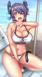 Rule 34 | 10s, 1girl, beach, beach chair, between legs, bikini, breasts, checkered clothes, checkered necktie, checkered neckwear, cleavage, eyepatch, hand between legs, headgear, kantai collection, large breasts, looking at viewer, navel, necktie, open mouth, outdoors, plump, purple hair, sand, short hair, skindentation, solo, squatting, sweat, swimsuit, teeth, tenryuu (kancolle), umbrella, untue, water, white bikini, yellow eyes