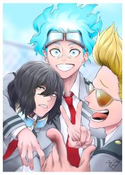 Rule 34 | 3boys, absurdres, aged down, bandaid, bandaid on face, bandaid on nose, black hair, blonde hair, blue eyes, blue hair, blurry, blurry background, boku no hero academia, commentary request, eraser head (boku no hero academia), unworn eyewear, facial hair, frown, grin, hair between eyes, highres, long hair, long sleeves, loud cloud, male focus, messy hair, multiple boys, necktie, outdoors, present mic, red neckwear, smile, stubble, sunglasses, tongue, tongue out, translation request, v, yugaminokuni
