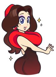Rule 34 | 1girl, alternate costume, ass, bare arms, black dress, blue eyes, brown hair, cropped legs, donkey kong (series), dress, earrings, eyeshadow, flower, from behind, from side, fur collar, gonenannurs, hair intakes, hat, heart, heart earrings, highres, jewelry, lips, long hair, looking at viewer, looking back, makeup, mario (series), mario kart, mario kart tour, nail polish, nintendo, open hand, parted lips, pauline, pauline (mario), petals, pink lips, red hat, red lips, red nails, rose, rose petals, simple background, sitting, smile, solo, sparkle, table, tight clothes, tight dress, valentine, white background