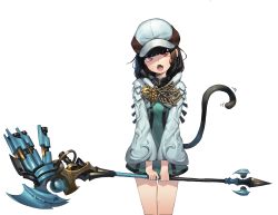 Rule 34 | 1girl, :o, absurdres, warrior of light (ff14), black hair, blunt bangs, cabbie hat, cat tail, commentary, commission, cowboy shot, english commentary, fang, final fantasy, final fantasy xiv, hat, head tilt, highres, long sleeves, looking at viewer, miqo&#039;te, red eyes, romana, simple background, solo, staff, standing, tail, white background