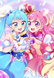 Rule 34 | absurdres, blonde hair, blue eyes, blue hair, blush, bow, brooch, cape, crown, cure sky, cure wonderful, detached sleeves, earrings, fingerless gloves, gloves, hairband, heart, heart brooch, highres, hirogaru sky! precure, inukai komugi, jewelry, long hair, magical girl, mini crown, mitsuki tayura, multicolored bow, multicolored hair, multiple girls, open mouth, pink hair, precure, puffy sleeves, purple bow, purple wrist cuffs, smile, sora harewataru, standing, striped bow, twintails, two side up, white gloves, wing hair ornament, wonderful precure!, yellow hairband