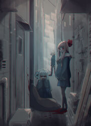 Rule 34 | 1boy, 2girls, absurdres, alley, black jacket, black pantyhose, blood, blood splatter, blue bow, blue skirt, blunt bangs, bow, braid, chromatic aberration, city, commentary, covered mouth, door, drawstring, grey theme, hair bow, hair ornament, hand up, hands in hair, high collar, highres, hood, hood down, implied murder, industrial pipe, iori yuzuru, jacket, jacket over hoodie, jitome, kotonoha akane, kotonoha aoi, long hair, long sleeves, looking at viewer, looking to the side, multiple girls, outstretched hand, oyasumi makura, pantyhose, pink hair, plank, pleated skirt, pool of blood, red bow, red eyes, sack, siblings, side braid, sidelocks, sisters, skirt, squatting, standing, upturned eyes, voiceroid, white hair, wide shot