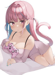 Rule 34 | 1girl, absurdres, bare shoulders, bed sheet, blue hair, blue nails, blush, braid, breasts, cat tail, chestnut mouth, cleavage, colored inner hair, commentary request, controller, dress, eyes visible through hair, game controller, highres, holding, holding controller, holding game controller, hololive, large breasts, long sleeves, looking at viewer, lying, minato aqua, multicolored hair, nail polish, off-shoulder dress, off shoulder, on side, pink dress, pink eyes, pink hair, shin no tenpii, simple background, sleeves past wrists, solo, tail, tail raised, two side up, virtual youtuber, white background