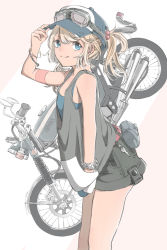 Rule 34 | 1girl, absurdres, arm up, artist name, aspara, baseball cap, blonde hair, blue eyes, bracelet, closed mouth, from side, goggles, goggles on headwear, hair bobbles, hair ornament, hand in pocket, hand on headwear, hat, highres, jewelry, looking at viewer, motor vehicle, motorcycle, original, ponytail, pouch, shorts, smile, solo, tank top, watch, wristwatch