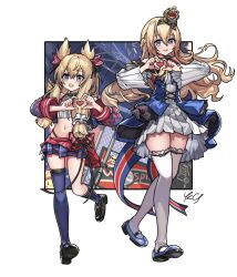 Rule 34 | 2girls, alternate costume, azur lane, black footwear, black ribbon, blonde hair, blue dress, blue eyes, blue footwear, blue skirt, blue socks, blue thighhighs, blush, braid, chinese commentary, commentary, crop top, cross-laced clothes, crossed bangs, crossover, crown, dress, frilled dress, frills, fringe trim, full body, hair between eyes, hair ornament, hair ribbon, hair scrunchie, heart, heart hands, highleg, highleg panties, highres, idol, idol clothes, kantai collection, kneehighs, kuroinu9, loafers, long hair, looking at viewer, mary janes, midriff, mini crown, miniskirt, multiple girls, name connection, navel, off-shoulder dress, off shoulder, panties, pleated dress, pleated skirt, pleated sleeves, purple eyes, ribbon, scrunchie, shoes, short hair with long locks, side braid, sidelocks, single kneehigh, single sock, single thighhigh, skirt, socks, standing, teeth, thighhighs, underwear, upper teeth only, warspite (azur lane), warspite (kancolle), white dress, white scrunchie, white thighhighs