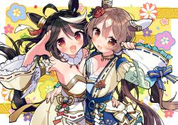 Rule 34 | 2girls, ahoge, animal ears, arm around waist, arm up, artist name, black hair, blush, breast press, breasts, brown hair, cleavage, collar, detached sleeves, dress, ear covers, fur collar, horse ears, horse girl, horse tail, japanese clothes, kimono, kimono skirt, kitasan black (jubilant star auspicious crane) (umamusume), kitasan black (umamusume), long sleeves, looking at viewer, medium breasts, multicolored hair, multiple girls, open mouth, orange eyes, red eyes, satono diamond (floral star prosperous green) (umamusume), satono diamond (umamusume), smile, streaked hair, symmetrical docking, tail, umamusume, upper body, white dress, wide sleeves, zest (lossol)