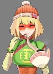 Rule 34 | 1girl, ^ ^, arms (game), bangle, beanie, blush, bob cut, bowl, bracelet, chinese clothes, chopsticks, closed eyes, commentary, crop top, desspie, domino mask, eating, english commentary, eyebrows visible through mask, food, green shirt, grey background, hand up, hat, highres, holding, holding bowl, holding chopsticks, jewelry, knit hat, layered clothes, mandarin collar, mask, meandros, min min (arms), multicolored clothes, multicolored hat, nintendo, noodles, orange hat, ramen, shirt, short hair, simple background, smile, solo, split mouth, steam, super smash bros., upper body, zipper