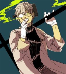 Rule 34 | 00s, 1boy, cigarette, franken stein (soul eater), glasses, green eyes, ha.skr (hasukara), lab coat, looking at viewer, male focus, solo, soul eater, stitches