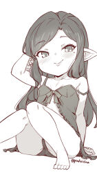 Rule 34 | 1girl, arm up, arulumaya, babydoll, bare arms, bare legs, bare shoulders, barefoot, blush, breasts, collarbone, feet, front slit, granblue fantasy, greyscale, harvin, highres, jingai modoki, long hair, looking at viewer, mole, mole under eye, monochrome, panties, pointy ears, sitting, small breasts, smile, solo, strap slip, toes, underwear