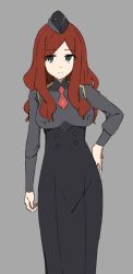 Rule 34 | 10s, 1girl, black hat, blouse, blue eyes, breasts, darling in the franxx, dress, eyes visible through hair, garrison cap, grey shirt, half-closed eyes, hat, highres, long sleeves, looking at viewer, nana (darling in the franxx), necktie, parted bangs, red hair, red necktie, shirt, simple background, smile, solo, standing, wavy hair