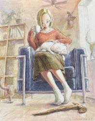 Rule 34 | 1boy, 1girl, android 18, animal, animal on lap, blonde hair, bookshelf, cane, cat, chair, cup, dated, dragon ball, dragonball z, from below, hammar dobucof, highres, jewelry, karin (dragon ball), mug, necklace, on lap, painting (medium), plaid, plaid skirt, plant, signature, sitting, skirt, sleeves past wrists, socks, statue, steam, sweater, traditional media, watercolor (medium)