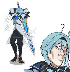 Rule 34 | 1boy, 1girl, ?, absurdres, aqua hair, arms up, ascot, asymmetrical hair, black hairband, black pants, blue ascot, boots, closed mouth, coat, commentary, dottore (genshin impact), english commentary, eula (genshin impact), genshin impact, greatsword, hair between eyes, hairband, hakuzumu, highres, holding, holding sword, holding weapon, mask, meme, pants, simple background, song of broken pines (genshin impact), sparkle, standing, sword, the rock&#039;s eyebrow raise (meme), weapon, white background