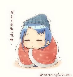 Rule 34 | 1girl, :&lt;, artist name, blanket, blue hair, chibi, commentary request, facing viewer, hat, kantai collection, mae (maesanpicture), samidare (kancolle), simple background, solo, swept bangs, translation request, trembling, white background