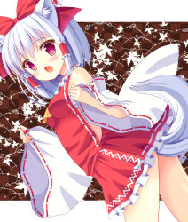 Rule 34 | 1girl, animal ears, ascot, bare shoulders, blush, bow, cosplay, detached sleeves, hair bow, hair tubes, hakurei reimu, hakurei reimu (cosplay), hazakura satsuki, highres, inubashiri momiji, long sleeves, looking at viewer, open mouth, red eyes, ribbon-trimmed sleeves, ribbon trim, sarashi, shirt, silver hair, skirt, skirt set, solo, tail, touhou, wide sleeves, wolf ears, wolf tail