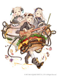 Rule 34 | 3girls, :d, animal ears, apron, blonde hair, boots, breasts, burger, chinese clothes, cupcake, double bun, electric guitar, food, food-themed clothes, frills, full body, guitar, hair bun, highres, instrument, japanese clothes, ji no, kimono, large breasts, long hair, looking at viewer, maid headdress, medium breasts, multiple girls, official art, open mouth, pig ears, plump, purple eyes, sinoalice, skinny, small breasts, smile, socks, suspenders, tea, teeth, three little pigs (sinoalice), tube, upper teeth only, white background