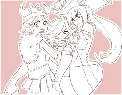 Rule 34 | 1girl, 2boys, bare shoulders, blush, boots, breasts, cleavage, frills, fur, grin, hair over one eye, hat, helmet, horns, laphicet (tales), long hair, monochrome, multiple boys, open mouth, ribbon, rokurou rangetsu, short hair, single horn, smile, tales of (series), tales of berseria, thigh boots, thighhighs, velvet crowe