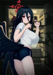 Rule 34 | 1girl, :t, absurdres, black hair, black wings, blue archive, breasts, buruma, eating, hasumi (blue archive), highres, large breasts, long hair, looking at viewer, looking back, red eyes, shirt, shirt overhang, solo, t-shirt, v-shaped eyebrows, very long hair, wings, yinmizuhare