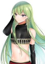 Rule 34 | 1other, akagi kurage, androgynous, black gloves, earrings, elbow gloves, enkidu (fate), fate/strange fake, fate (series), gloves, green hair, highres, jewelry, light green hair, long hair, looking away, midriff, navel, simple background, smile, solo, white background