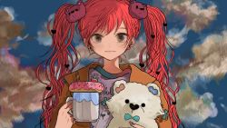 Rule 34 | 1girl, alternate hair color, bear hair ornament, blue sky, brown eyes, closed mouth, cloud, coffee cup, commentary request, cup, disposable cup, doughnut, earrings, food, hair ornament, hatsune miku, heart, heart hair ornament, jacket, jewelry, long hair, looking at viewer, maple (abc2215), orange jacket, purple shirt, red hair, shirt, sky, solo, stud earrings, stuffed animal, stuffed toy, teddy bear, twintails, upper body, vocaloid