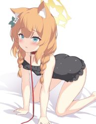 Rule 34 | 1girl, animal ear fluff, animal ears, arm support, bare arms, black one-piece swimsuit, blanket, blue archive, blush, braid, breasts, casual one-piece swimsuit, cat ears, collar, frilled one-piece swimsuit, frills, green eyes, halo, kneeling, leash, long hair, mari (blue archive), mari (swimsuit) (blue archive), one-piece swimsuit, open mouth, orange hair, raised eyebrows, small breasts, solo, swimsuit, twin braids, unfinished, yamasan
