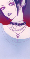 Rule 34 | 1girl, blue background, blue hair, collar, collarbone, eyelashes, eyeshadow, flat color, gradient background, grey eyes, highres, jewelry, key, lipstick, makeup, nana (series), necklace, official art, osaki nana, parted lips, piercing, red background, short hair, solo, upper body, yazawa ai