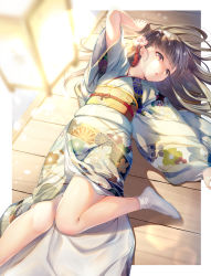 Rule 34 | 1girl, :o, absurdres, arm up, black hair, blurry, blurry foreground, brown eyes, commentary request, depth of field, feet out of frame, floral print, hair ornament, highres, japanese clothes, kimono, lantern, long hair, long sleeves, looking at viewer, lying, nametakenoko, no shoes, obi, on back, open mouth, original, print kimono, sash, sleeves past wrists, socks, solo, tabi, white kimono, white socks, wide sleeves