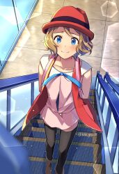 Rule 34 | 1girl, arms behind back, blonde hair, blue eyes, blue ribbon, blush, boots, brown footwear, closed mouth, collarbone, commentary, creatures (company), dress, escalator, eyelashes, game freak, hat, highres, htk you13, indoors, looking up, neck ribbon, nintendo, pink dress, pokemon, pokemon (anime), pokemon xy (anime), raised eyebrows, red headwear, ribbon, serena (pokemon), short hair, smile, standing, thighhighs, watermark