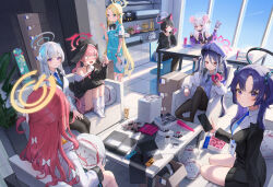 Rule 34 | 6+girls, absurdres, animal ears, beret, black hair, blue archive, blue hair, blue necktie, box, cardboard box, cat ears, cellphone, couch, dong ji, doodle sensei (blue archive), doughnut, eating, food, fubuki (blue archive), halo, hat, head wings, highres, ipad, kazusa (blue archive), koharu (blue archive), long hair, mouse (animal), mouse ears, multiple girls, necktie, nezusuke (blue archive), nintendo switch, noa (blue archive), pantyhose, peroro (blue archive), phone, pink hair, police hat, red hair, saya (blue archive), sensei (blue archive), sitting, skateboard, smartphone, sora (blue archive), tablet pc, twintails, v, white hair, wings, yuuka (blue archive), yuzu (blue archive)
