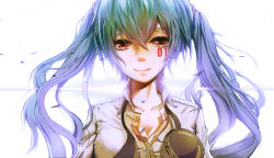 Rule 34 | 1girl, absurdres, alternate costume, alternate eye color, aqua hair, collarbone, collared shirt, gan ma, hatsune miku, head out of frame, highres, lens flare, looking at viewer, portrait, red eyes, shirt, smile, solo, tattoo, twintails, unbuttoned, vocaloid, white background, white shirt
