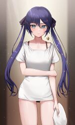 Rule 34 | 1girl, aqua eyes, black panties, breasts, closed mouth, cowboy shot, earrings, genshin impact, holding, holding own arm, holding pillow, jewelry, light frown, long hair, looking at viewer, medium breasts, mona (genshin impact), moth1, no pants, panties, pillow, purple hair, shirt, short sleeves, single earring, solo, thighs, twintails, underwear, very long hair, white shirt