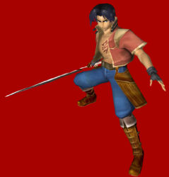 Rule 34 | 1boy, 3d, blazer, blue hair, boots, full body, gloves, jacket, lang, legaia 2 duel saga, legaia densetsu, lowres, male focus, natsumi arisawa, official art, red background, simple background, solo, standing, sword, weapon