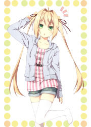 Rule 34 | 1girl, ahoge, blonde hair, clothes writing, female focus, green eyes, hair intakes, hair ribbon, hood, hoodie, kouji (campus life), leg up, long hair, looking at viewer, no shoes, open clothes, open hoodie, original, ribbon, shorts, solo, striped, thighhighs, twintails, vertical stripes, white thighhighs