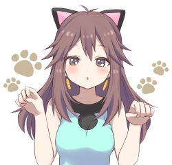 Rule 34 | 1girl, animal ears, bare arms, breasts, brown eyes, brown hair, cat ears, commentary, creatures (company), earrings, eyelashes, game freak, hair flaps, hands up, highres, jewelry, leaf (pokemon), long hair, nasakixoc, nintendo, parted lips, paw pose, paw print, pokemon, pokemon frlg, shirt, sleeveless, sleeveless shirt, solo, symbol-only commentary, upper body, white background