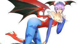 1girl animal_print argent_moon bat_print blue_pantyhose boots bridal_gauntlets darkstalkers demon_girl demon_wings highres leotard lilith_(darkstalkers) pantyhose purple_hair red_eyes red_footwear red_leotard red_wings short_hair simple_background solo strapless strapless_leotard white_background wings