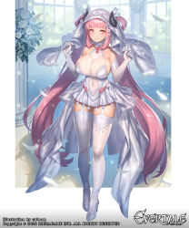 Rule 34 | 1girl, breasts, bridal veil, commentary request, company connection, copyright name, cuboon, dress, evertale, gloves, halterneck, highres, horns, large breasts, logo, long hair, official art, pink hair, rei (evertale), shiny clothes, shiny skin, simple background, solo, thighhighs, veil, wedding dress, white dress, white thighhighs