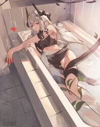 Rule 34 | 1girl, absurdres, arknights, bare shoulders, bathing, bathtub, bikini, black bikini, cmdr saturn, cup, drinking glass, grey hair, highres, horns, long hair, looking at viewer, material growth, mudrock (arknights), mudrock (silent night) (arknights), oripathy lesion (arknights), partially submerged, pointy ears, red eyes, solo, swimsuit, wine glass