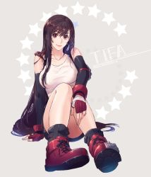 Rule 34 | 1girl, bare shoulders, black hair, black skirt, breasts, character name, collarbone, crop top, detached sleeves, earrings, final fantasy, final fantasy vii, fingerless gloves, full body, gloves, highres, jewelry, kudou asami, large breasts, legs, long hair, looking at viewer, red eyes, red footwear, red gloves, sitting, skirt, smile, socks, solo, star (symbol), starry background, tank top, tifa lockhart, white tank top