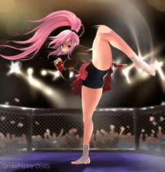 Rule 34 | 1girl, artist request, bike shorts, black shirt, black shorts, blue eyes, boxing ring, commission, feet, fighting, from below, legs, long hair, looking at viewer, martial arts, no shoes, original, pink hair, rash guard, red skirt, shirt, shorts, skirt, solo focus, standing, standing on one leg, stirrup footwear, stirrup legwear, thighs, toeless footwear, toeless legwear, toes, upskirt