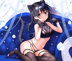 Rule 34 | 1girl, 3:, animal ears, bare arms, bare shoulders, black gloves, black hair, black panties, black thighhighs, blue eyes, blue footwear, blue ribbon, blurry, breasts, cat ears, cat girl, cat tail, cleavage, closed mouth, collarbone, commentary request, couch, covered erect nipples, crop top, futaba miwa, garter straps, gloves, hair ribbon, hands up, high heels, lace, lace-trimmed legwear, lace trim, lingerie, long hair, looking at viewer, medium breasts, navel, no pants, on couch, one side up, original, panties, purple ribbon, ribbon, sidelocks, signature, solo, stomach, tail, thighhighs, thighs, underwear