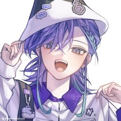 Rule 34 | 1boy, blue hair, eyelashes, facing viewer, gradient hair, hair between eyes, hat, holostars, light blush, long hair, looking at viewer, male focus, minase rio, multicolored hair, multiple necklaces, open mouth, portrait, purple eyes, purple hair, solo, twitter username, virtual youtuber, white background, yu yu (yuyuuuu99550771)
