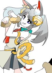 Rule 34 | 1girl, animal ear fluff, animal ears, bell, blue eyes, bright pupils, commentary, dress, from side, grey dress, grey hair, hair bell, hair ornament, hands up, highres, leg up, long hair, looking at viewer, machigami yoh, original, parted lips, paw pose, rope, simple background, sleeveless, sleeveless dress, smile, solo, twintails, white background, white pupils