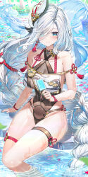 Rule 34 | 1girl, absurdly long hair, absurdres, alternate costume, bare shoulders, blue eyes, blue nails, blush, bracelet, braid, breast curtain, breasts, cleavage, closed mouth, collarbone, commentary request, earrings, feet out of frame, food, genshin impact, hair over one eye, hand on ground, highres, holding, holding food, holding popsicle, jewelry, kiramarukou, large breasts, long hair, looking at viewer, low-braided long hair, low-tied long hair, one-piece swimsuit, popsicle, shenhe (genshin impact), sideboob, sitting, smile, solo, swimsuit, tassel, tassel earrings, thigh strap, very long hair, wading, water, white hair