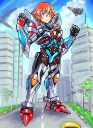 Rule 34 | 10s, 1boy, armor, blue eyes, blue sky, bodysuit, breastplate, cloud, cosplay, curtains, full body, gridman (ssss), gridman (ssss) (cosplay), gridman universe, hibiki yuuta, highres, looking at viewer, male focus, oomasa teikoku, open mouth, outside border, red hair, short hair, sky, smile, solo, ssss.gridman