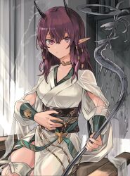 Rule 34 | 1girl, ambience synesthesia, arknights, arm cutout, bench, breasts, clothing request, collar, commentary, demon girl, demon horns, hair tubes, hand on own stomach, harp, highres, holding, holding instrument, horns, indoors, instrument, japanese clothes, kimono, lava (arknights), lava the purgatory (arknights), leg ribbon, light frown, looking at viewer, medium breasts, noshima, obi, pointy ears, purple eyes, purple hair, ribbon, sash, simple background, sitting, solo, thigh ribbon, white background, white kimono, white ribbon
