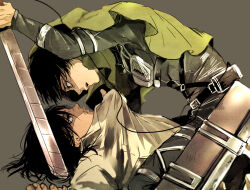 Rule 34 | 2boys, cloak, commentary request, eren yeager, facial hair, green cloak, holding, holding sword, holding weapon, levi (shingeki no kyojin), lying, male focus, mo cha ri, multiple boys, mustache, on back, open mouth, shingeki no kyojin, shirt grab, sword, three-dimensional maneuver gear, weapon